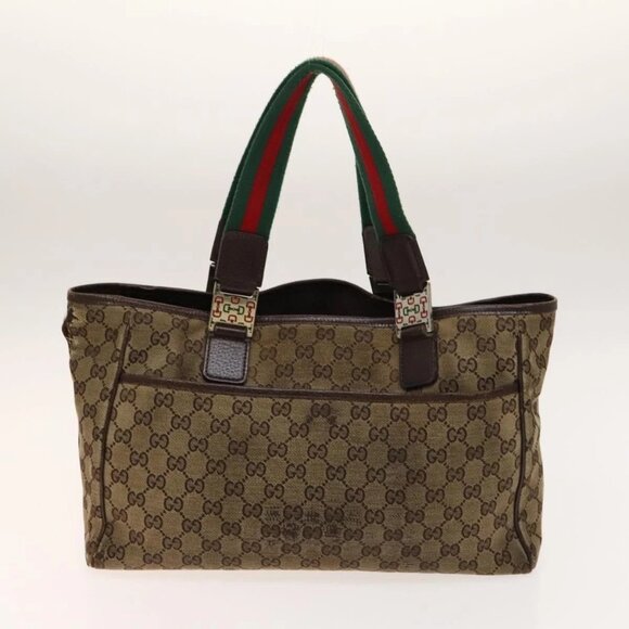 GUCCI GG Canvas Web Sherry Line Tote Bag 2Set Beige Red Green Auth 138062 - Picture 3 of 12